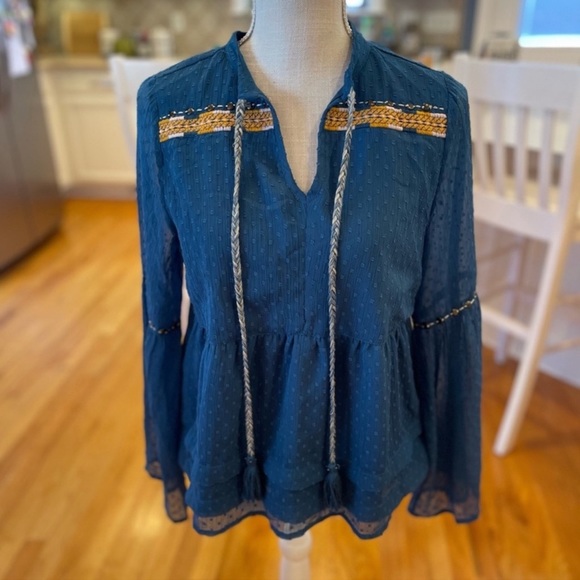 Blue Rain blue long sleeve clip dot boho top - Picture 1 of 8